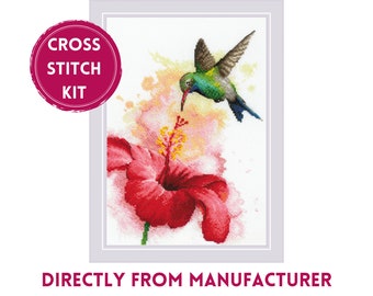 RIOLIS Counted Cross Stitch Kit 2178 Hummingbird, Embroidery Kit with a Colibri Bird Over Hibiscus Flower, Watercolor Effect