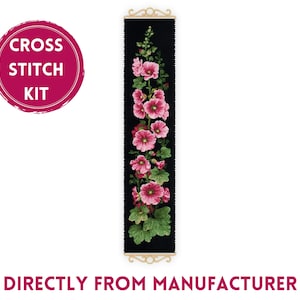 May include: Cross stitch kit featuring a vertical arrangement of pink hollyhock flowers on a black background. The kit includes all the materials needed to complete the project.