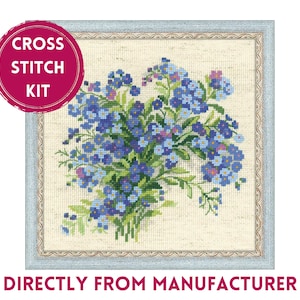May include: Cross stitch kit featuring a bouquet of blue forget-me-not flowers in a light blue frame. The kit includes all the materials needed to complete the project.  "DIRECTLY FROM MANUFACTURER" is printed below the frame.
