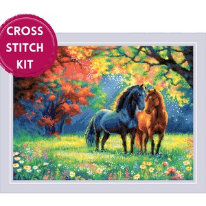 May include: A cross stitch kit featuring two horses in a vibrant meadow. One horse is a dark blue, the other is a reddish-brown. The background includes colorful trees and flowers, with the words "CROSS STITCH KIT" in a pink circle.
