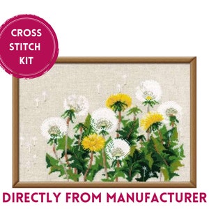 May include: Cross stitch kit featuring a close-up of a group of white dandelions with yellow centers and green leaves. The dandelions are in various stages of bloom, with some having seeds that are blowing in the wind. The kit includes all the materials needed to complete the project.
