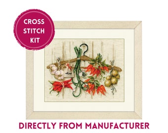 May include: Cross stitch kit featuring a hanger with various vegetables and herbs hanging from it, including garlic, red peppers, green beans, and onions. The kit includes a bag of dried herbs labeled "only you".