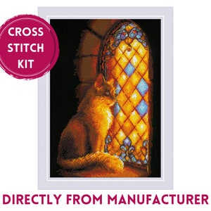 RIOLIS Counted Cross Stich Kit 1848 Castle Guardian, Embroidery Kit with a Cat Guarding a Castle Window, Cat Themed Cross Stitch