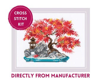 RIOLIS Counted Cross Stitch Kit 2044 Autumn Bonsai, Embroidery Kit with a Beautiful Orange and Red Leaved Bonsai Tree Nature Themed Wall Art