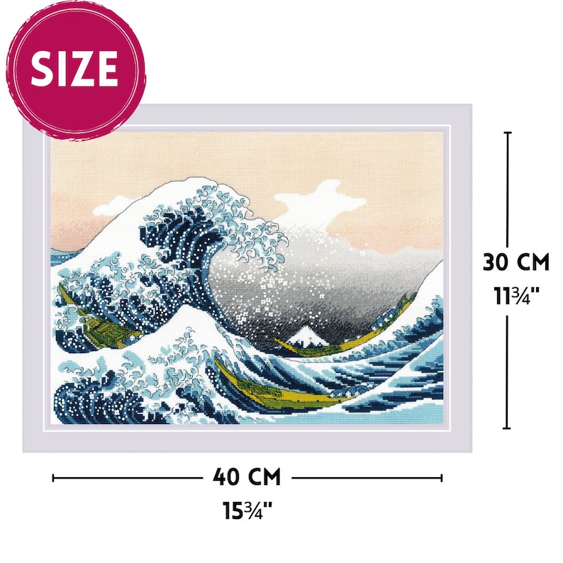 The RIOLIS cross stitch kit The Great Wave off Kanagawa after K. Hokusai Artwork features a detailed design using 17 colors of Anchor stranded cotton threads. The kit includes a needle, Zweigart 14ct white AIDA fabric, and a color chart.