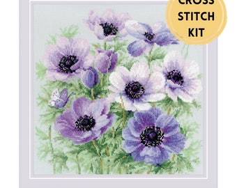 RIOLIS Cross Stitch Kit 2176 Purple Anemones, Beautiful green Leaves Purple and White Flower Bouquet featuring a Little Butterfly.