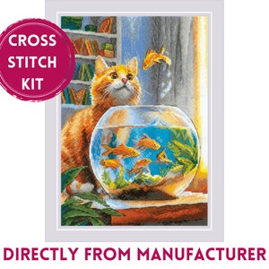 May include: Cross stitch kit featuring a red tabby cat looking at a fishbowl with goldfish swimming inside. The cat is sitting on a wooden surface with a green plant in the background.