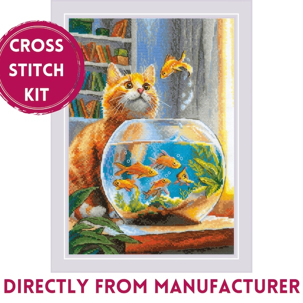 RIOLIS Kit de point de croix 2218 Ginger Observer, Kit de broderie avec un chat orange regardant un aquarium avec un poisson rouge dans un salon confortable