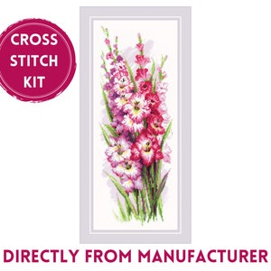 May include: Cross stitch kit featuring a bouquet of pink and white gladiolus flowers.