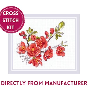 RIOLIS Counted Cross Stitch Kit 1819 The Branch of Cydonia, Embroidery Kit with a Beautiful Blooming Pink Cydonia Branch with Green Leaves