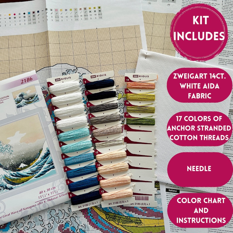 The RIOLIS cross stitch kit The Great Wave off Kanagawa after K. Hokusai Artwork features a detailed design using 17 colors of Anchor stranded cotton threads. The kit includes a needle, Zweigart 14ct white AIDA fabric, and a color chart.