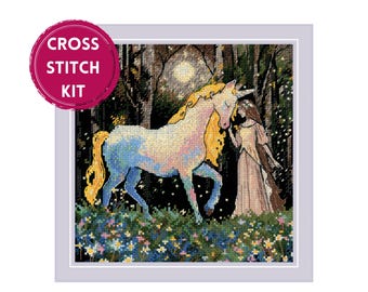 Counted cross stitch kit Unicorn Tale with unicorn and girl in moonlit forest, No. 2307, Fantasy embroidery kit, Gift for dreamers by RIOLIS