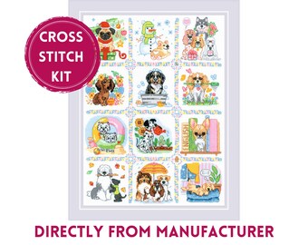 May include: Cross stitch kit featuring 12 different adorable dog designs. Each design is framed in a colorful border and includes a variety of activities, such as reading, playing, and relaxing. 