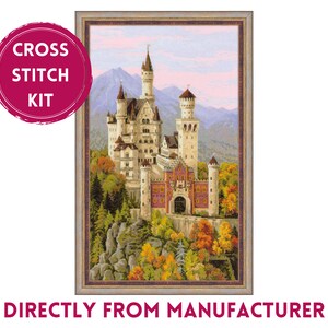 May include: Cross stitch kit featuring a detailed image of Neuschwanstein Castle, a fairytale-like castle with white towers and red accents, set against a backdrop of lush green trees and mountains. The kit includes all the necessary materials for cross stitching.