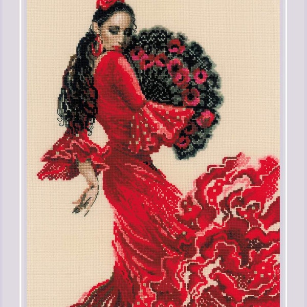 RIOLIS Cross Stitch Kit 1740 Dancer, Woman in a Red Dress with Black Hair and a Hand Fan Performing Spanish Music - Dance Flamenco