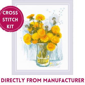 May include: Cross stitch kit featuring a bouquet of yellow dandelions in a glass vase. The dandelions are in various stages of bloom, with some having gone to seed. The background is a light blue and white.