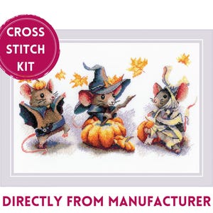 Può includere: Kit di punto croce con tre topi vestiti con costumi di Halloween. I topi tengono zucche e sono circondati da foglie autunnali. Il kit include tutti i materiali necessari per completare il progetto.