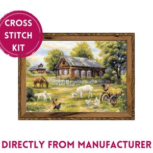 RIOLIS Counted Cross Stitch Kit 1501 Afternoon in the Country, Embroidery Kit with a Cozy Cabin and Farm Animals in a Beautiful Countryside