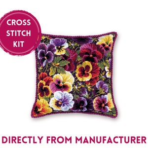 RIOLIS Counted Cross Stitch Kit 1999 Royal Pansies, Embroidery Kit with a Cushion Covered With Flowers, Floral Themed Cross Stitch Art
