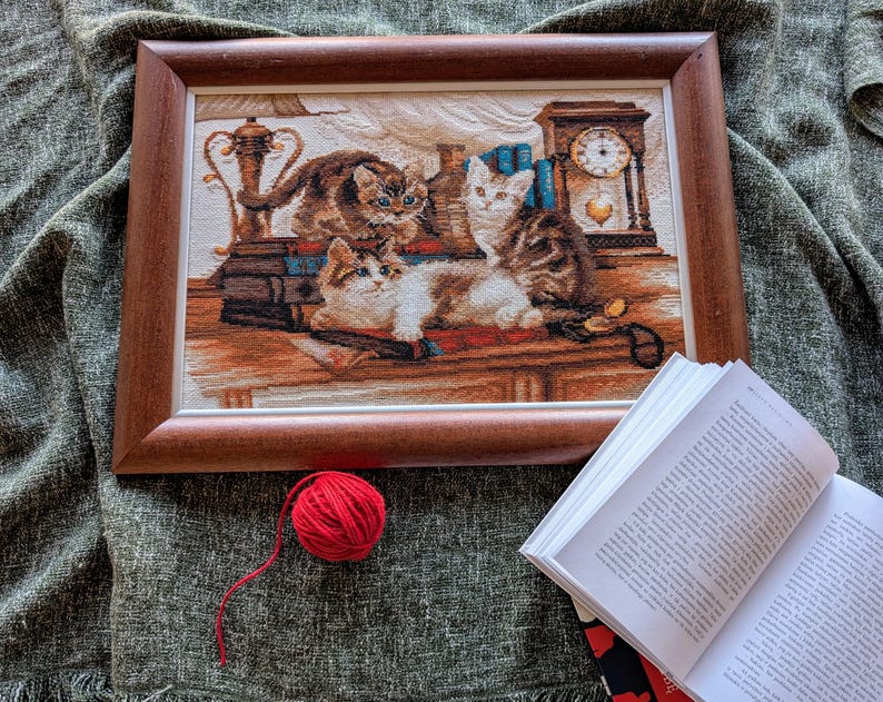 Kit punto croce RIOLIS 1247 Amici pelosi, kit ricamo con tre gattini su un tavolo con libri, arte su tessuto di lino immagine 9