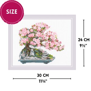The RIOLIS cross stitch kit Flowering Bonsai features a delicate bonsai design using 17 colors of wool/acrylic threads. The kit includes a needle, Zweigart 14ct white AIDA fabric, and a color chart. The finished size is 30x24 cm (11¾in x 9½in).