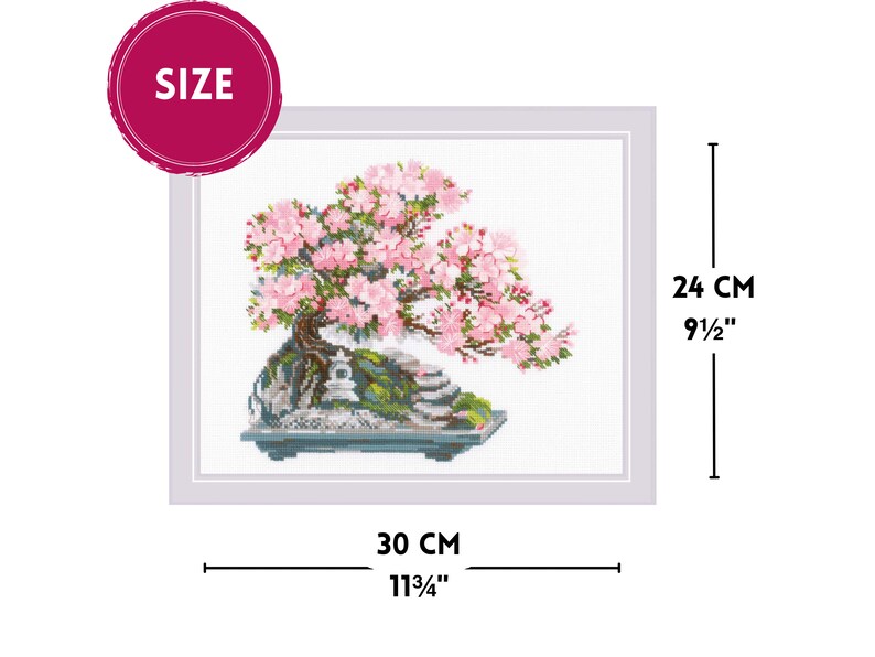 The RIOLIS cross stitch kit Flowering Bonsai features a delicate bonsai design using 17 colors of wool/acrylic threads. The kit includes a needle, Zweigart 14ct white AIDA fabric, and a color chart. The finished size is 30x24 cm (11¾in x 9½in).