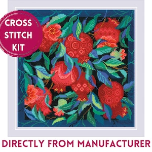 May include: Cross stitch kit featuring a colorful design of pomegranates and leaves on a dark blue background. The kit includes all the materials needed to complete the project.  "Cross Stitch Kit" is written in white text on a pink circle.