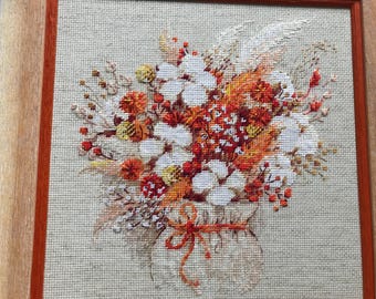 ハンドメイド　クロスステッチ　完成品　刺繍作品 花束 RIOLIS クロスステッチキット 1913 ラグラスとコットンの花束、花束