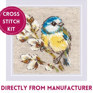 RIOLIS Counted Half Cross Stitch Kit 2244 Titmouse, Cute Adorable Bird with Blue, White and Yellow Resting on a Willow Branch