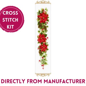 RIOLIS Counted Cross Stitch Kit With Wooden Hangers 1729 Poinsettia, Embroidery Kit with Poinsettia Flowers, Bloom Themed Cross Stitch Art