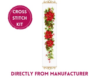 Counted cross stitch Kit Poinsettia with festive red blooms and greenery, With Wooden Hangers, No. 1729, holiday floral design by RIOLIS