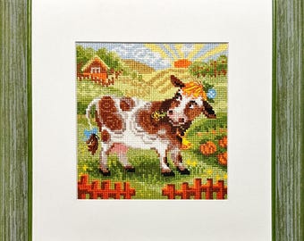 RIOLIS 1522 Sunny Meadow Cow Finished Framed Cross Stitch, Farm Wall Art