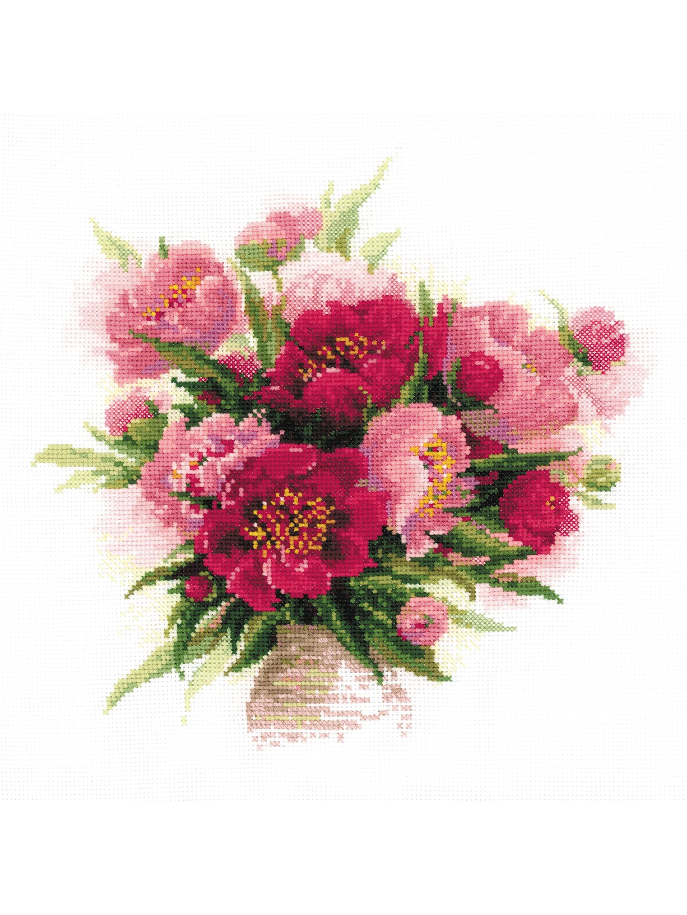 Kit Ricamo Punto Croce Lace Peonies – 30x24 Cm Su Tela Aida 14ct Nera, Fili Anchor In 7 Colori, Ago, Istruzioni, Prodotto Europeo Di Qualità