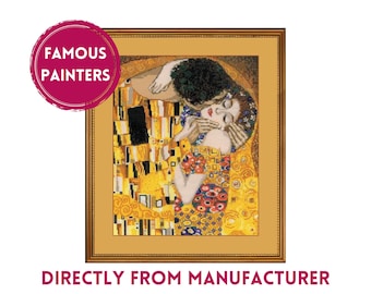 May include: A framed painting of a couple embracing in a golden mosaic style. The painting is titled "The Kiss" by Gustav Klimt.