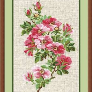 RIOLIS Cross Stitch Kit 809 May Wild Rose, Beautiful Vivid Pink Flower Branch with Little Buds and Green Leafs, Realistic Art