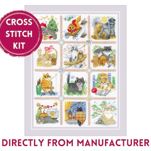 The RIOLIS cross stitch kit Cat Calendar features a charming calendar design with cats, using 29 colors of wool/acrylic threads. The kit includes a needle, Zweigart 14ct white AIDA fabric, and a color chart. The finished size is 30x40 cm.