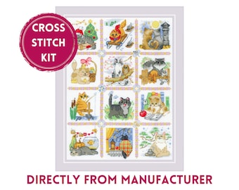 May include: Cross stitch kit featuring 12 different scenes with cute cats in various activities. The kit includes a white Aida cloth, DMC embroidery floss, a needle, and instructions.