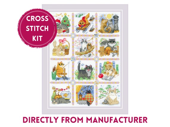 Cat Calendar Cross Stitch Kit, RIOLIS 2136 Twelve Monthly Scenes Counted Embroidery, Cat Mom Gift