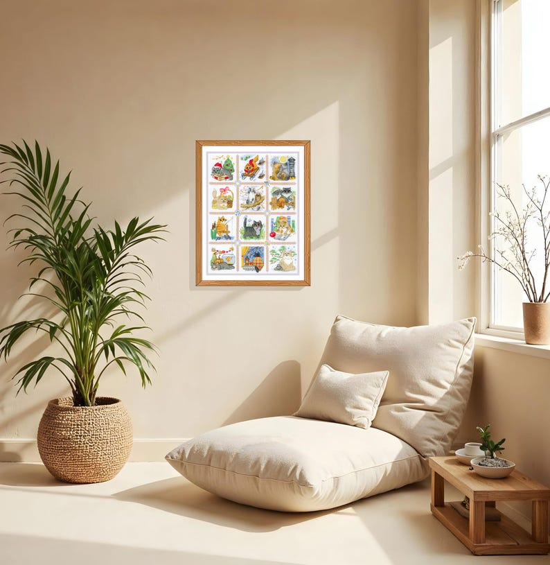 The RIOLIS cross stitch kit Cat Calendar features a charming calendar design with cats, using 29 colors of wool/acrylic threads. The kit includes a needle, Zweigart 14ct white AIDA fabric, and a color chart. The finished size is 30x40 cm.