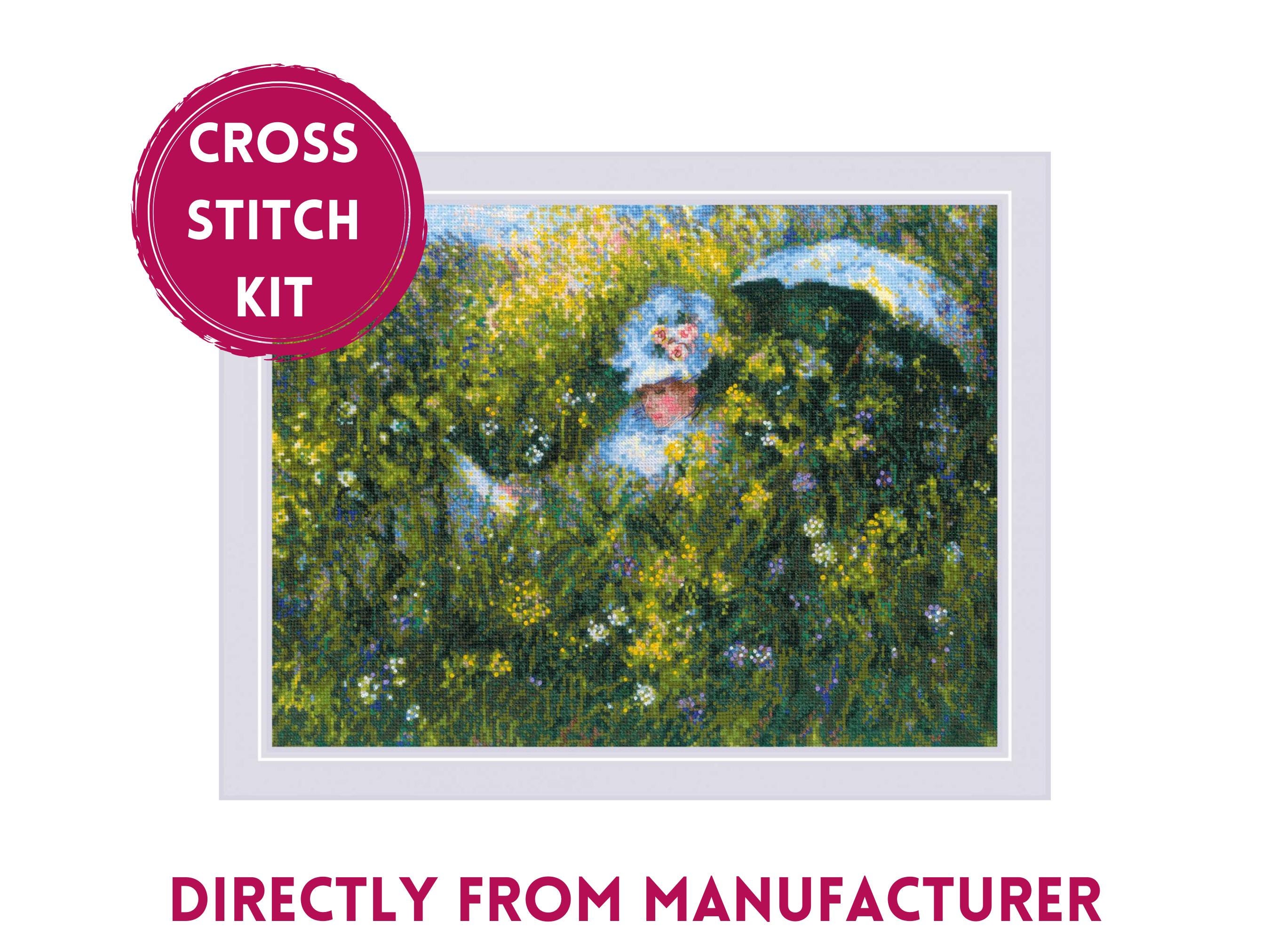 RIOLIS Counted Cross Stitch Kit 1850 In the Meadow after C. Monet's Painting, Embroidery Kit with a Lady with a Blue Dress in a Grass Field