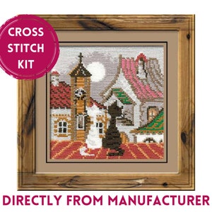 RIOLIS Counted Cross Stitch Kit 611 City & Cats Spring, Embroidery Kit with Two Adorable Little Cats on a Rooftop, Kitten Themed Wall Art