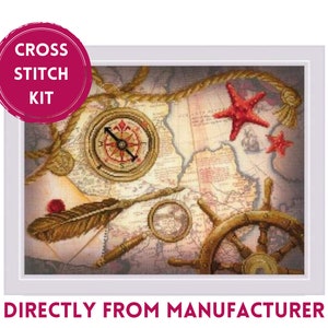 Kit de point de croix RIOLIS PT-0095 Chasse au trésor, kit de broderie avec une carte mystérieuse vintage et d'autres articles de chasse au trésor