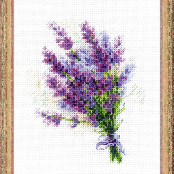 RIOLIS Cross Stitch Kit 1607 Bouquet with Lavender, Fresh and Beautiful Purple Lavenders with Green Stems in a Bouquet Tied up with a String