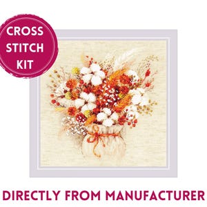 RIOLIS Counted Cross Stich Kit 1913 Bouquet with Lagurus and Cotton, Embroidery Kit with a Flower Bouquet, Cross Stitch Art on Flaxen Fabric