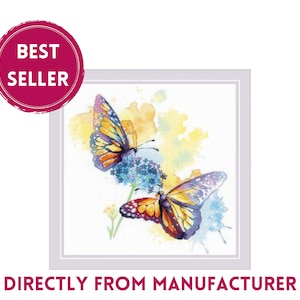 May include: Two colorful butterflies with yellow, orange, and purple wings are painted on a white background with blue and yellow watercolor splatters.