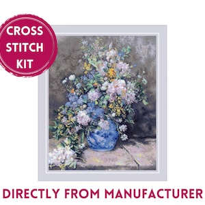 May include: Cross stitch kit featuring a colorful floral arrangement in a blue and white vase. The flowers are pink, white, blue, and yellow.