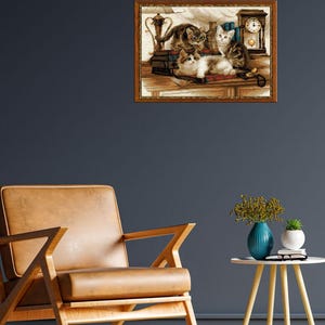 The RIOLIS cross stitch kit Furry Friends features beautiful three kittens playing. The kit includes wool acrylic threads in 20 colors, a needle, Zweigart 14ct flaxen AIDA fabric and a color chart. The finished size is 40x30 cm