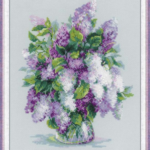 RIOLIS Cross Stitch Kit 1447 Gentle Lilac Blossoms, Syringa Vulgaris Purple and White Flower Boquet in Glass Vase on a Spring Day