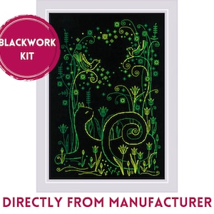 May include: A framed blackwork kit featuring a whimsical design with a cat, birds, and floral elements in neon green. The text "BLACKWORK KIT" is in a pink circle, and "DIRECTLY FROM MANUFACTURER" is below the frame.