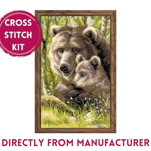 RIOLIS Counted Cross Stitch Kit 1438 Bear with Cub, Embroidery Kit with Two Adorable Bears in the Nature, Family Themed Cross Stitch Art